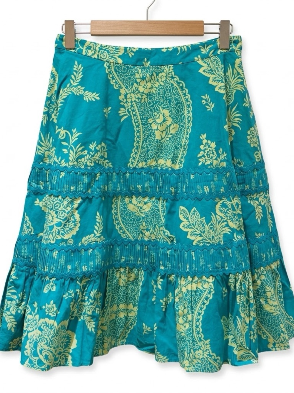 Anthro Odille Paisley Floral Tiered Skirt Teal Yellow Boho Size 4